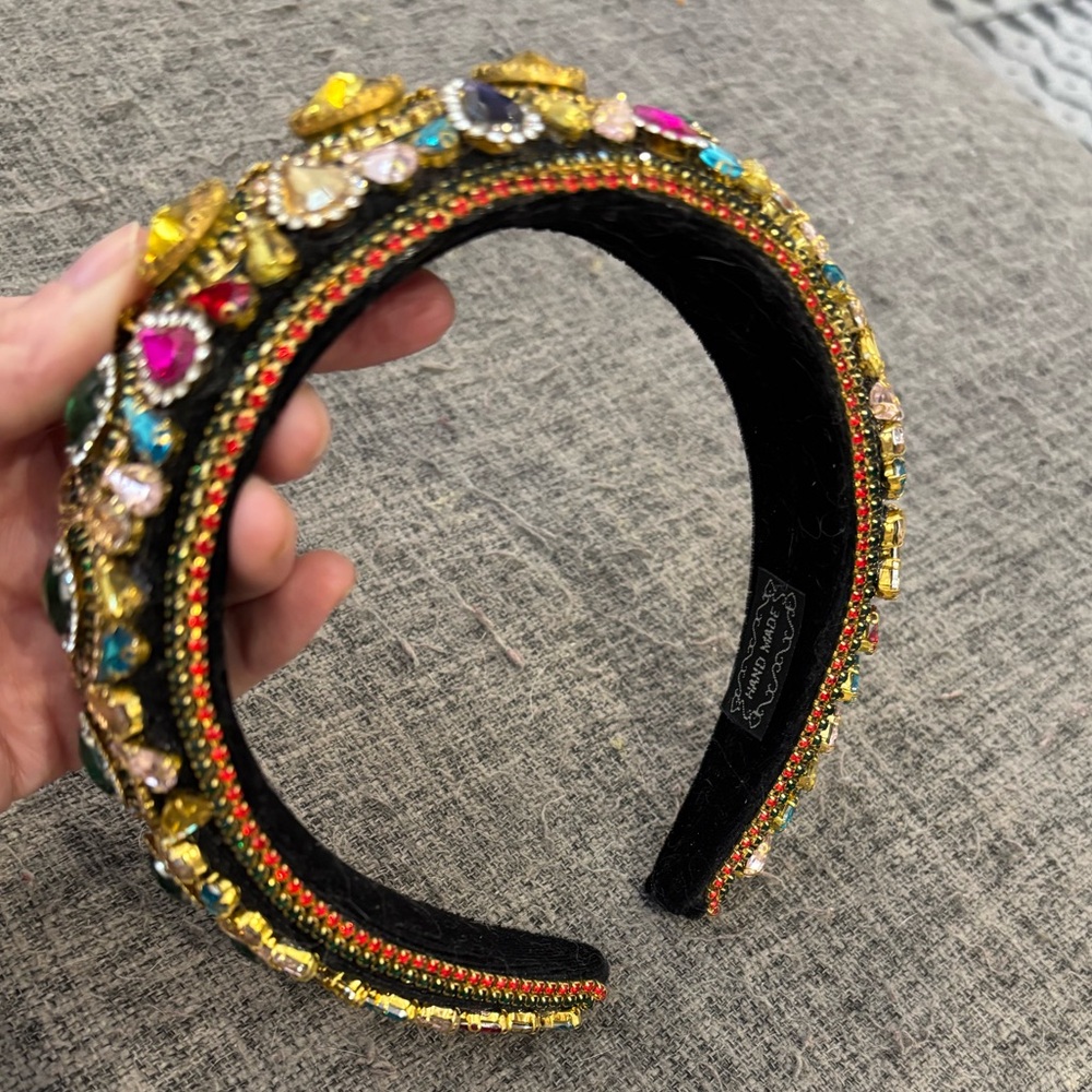 New velvet multicolor bejeweled hand crafted boutique headband worn only for pic